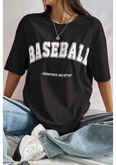 Unisex Baseball Baskılı Oversize Tshirt Siyah