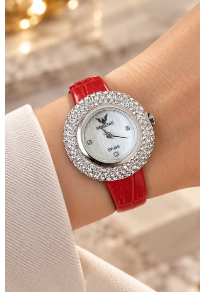 Rubenis Swiss Kadın Kol Saati Çelik 33mm Kristal Taşlı Kırmızı Gerçek Deri Kayışlı Sedef Kadranlı