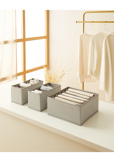 Ocean Home Textile 3'lü 6 Bölmeli Gri Balıksırtı Çekmece İçi Düzenleyici Kutu Set