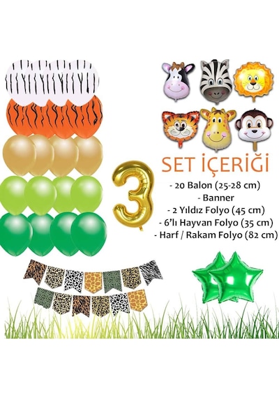 Safari Konsepti 3 Yaş Doğum Günü Parti Kutlama Seti; Rakam Ve Yıl