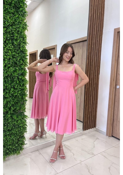 By Saygı Kadın Omuzu Bağcıklı Astarlı Kısa Elbise-41320 Şeker Pembe