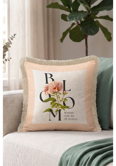 Botanik Çiçek Motifli Saçaklı Yastık Kılıfı - Floral Bohem Pudra Ekru Vizon Püsküllü Kırlent Kılıfı Yalın Sahil Mira