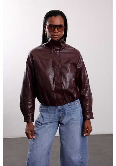 5in1Canpolat Bordo Suni Deri Bomber Ceket 100020