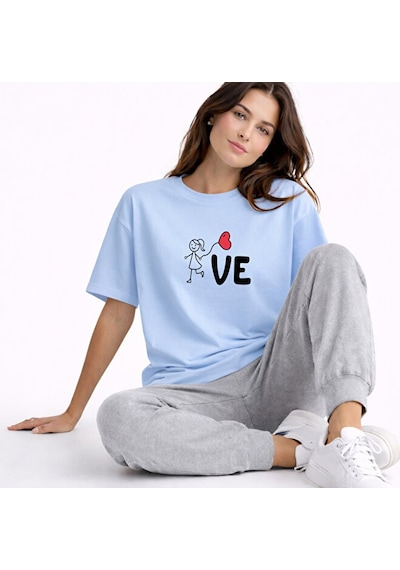Sevgili Kombini Love Baskılı Çift Tişört Oversize Unisex Partner Bej