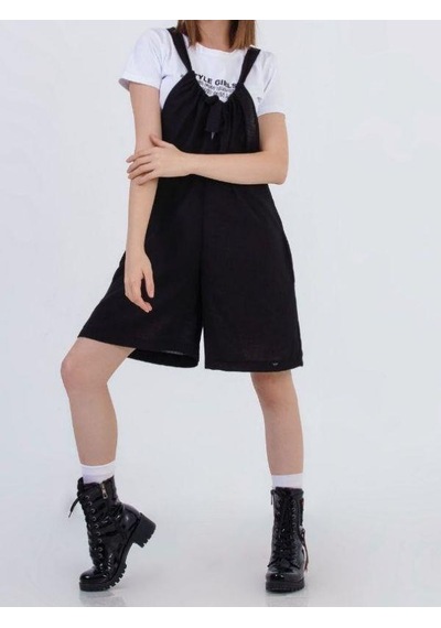 Zekids Kız Çocuk Askılı Kısa Tshirt İle Takım Keten Tulum-13784 Siyah