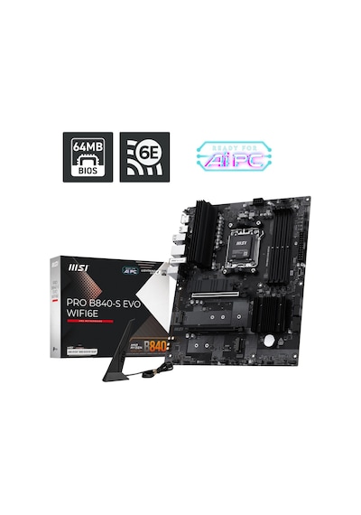 Msı Pro B840-s Evo Wıfı6e Am5 Ddr5 8000mhz Oc Hdmı 3x M.2 Usb 10gbs 2.5g Lan Wı-fı 6e Atx