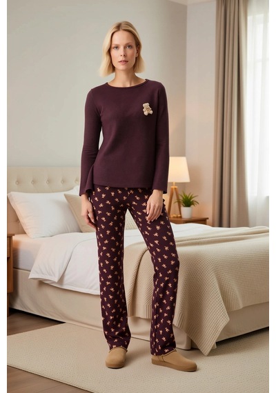 Benerly Kadın Uzun Kollu Kayık Yaka Regular Kalıp Waffle Örme Pijama Takı Kahverengi