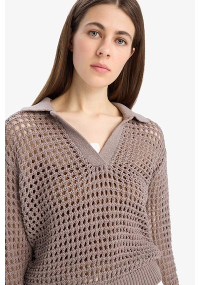 DeFacto 	Relax Fit Polo Yaka Basic Düz Ajur Triko Kazak E7025AX25SMBG487 Bej