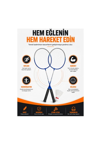 2'li Badminton Seti 2 Raket + 1 Top Başlangıç Ve Eğlence Seti Açık Hava Spor Oyunu