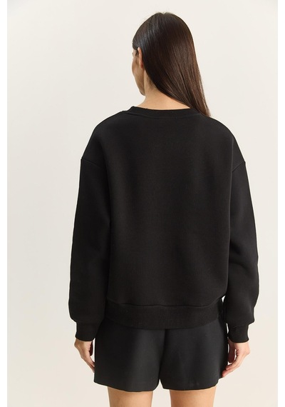 Shade Kadın Bisiklet Yaka Çiçek Nakışlı Üç İplik Şardonlu Sweatshirt 60601045 - Siyah