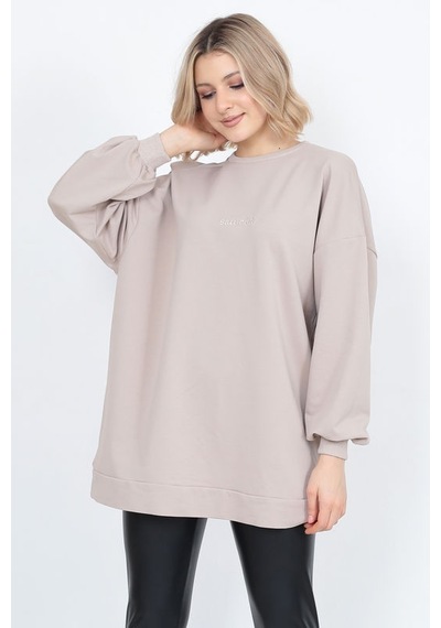 Kadın Uzun Kollu Oversize Sweatshirt Nakişli Bej