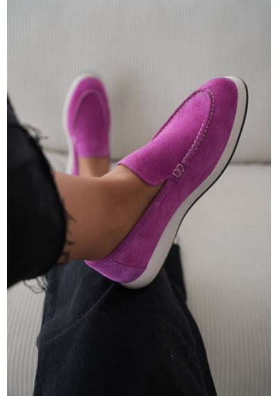 Felina Hakiki Süet Düz Tabanlı Kadın Loafer- Fuşya