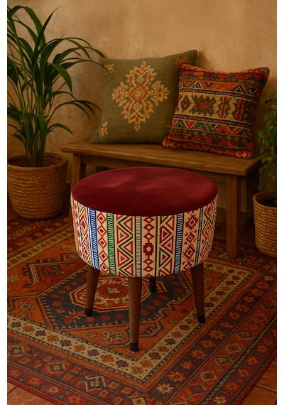 Ustaagac Puf Koltuk Bench Tabure Modern Kilim Bordo - Ahşap Ayaklı - Doğal Modern Stil Bordo Mürdüm