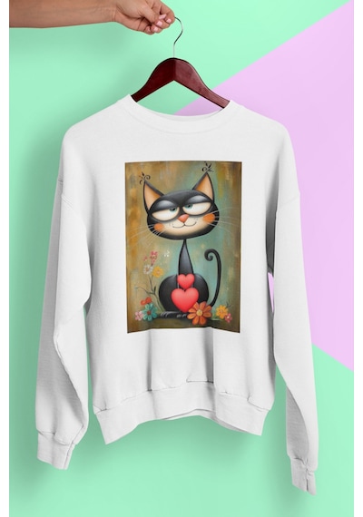 Magors Stıl-x Sevimli Kediler Baskılı Unısex Bisiklet Yaka Oversize Sweatshırt Beyaz-5