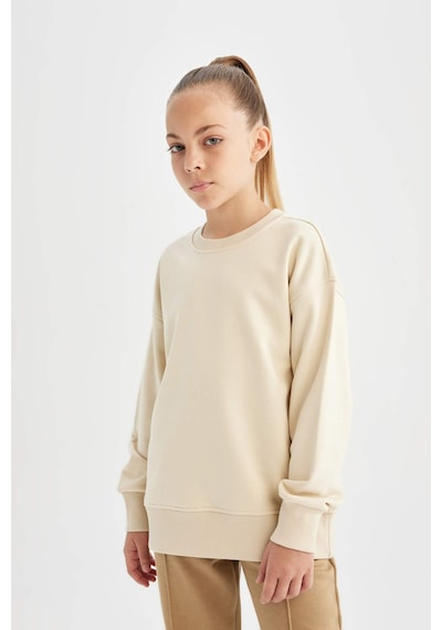 Defacto Kız Çocuk Relax Fit Bisiklet Yaka Pamuklu Basic Düz Okul Sweatshirt A2797A824AUBG286 Bej