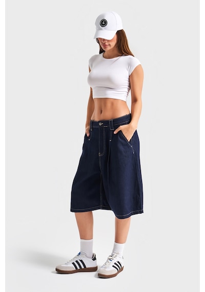 it's basic Kadın İndigo Renk 7s5-50 Skater Fit Maxi Boy Bol Kesim %100 Koton Denim Bermuda Şort