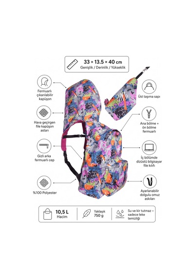 Unisex Su Geçirmez Zebra Ve Kalp Desenli Çıkarılabilir Kapüşonlu Sırt Çantası Mix