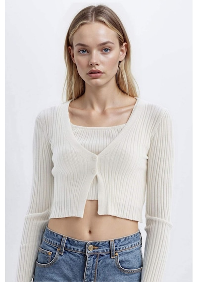 Defacto Regular Fit Crop Düğmeli V Yaka Triko Hırka A2076AX24SP Ekru