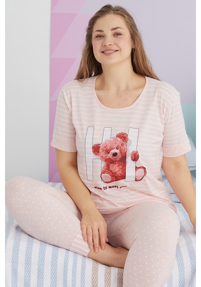 Siyah İnci Curve Büyük Beden Battal Boy Pamuklu Örme Pijama Takımı 24113712 Çok Renkli