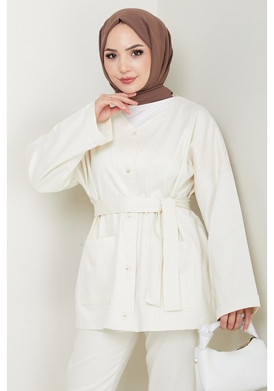 Bestenur Kemerli Ceket Pantolon Gabardin Takım 1557 - Ekru Ekru