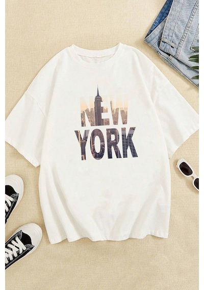 Unisex New York Baskılı Oversize Tshirt Beyaz