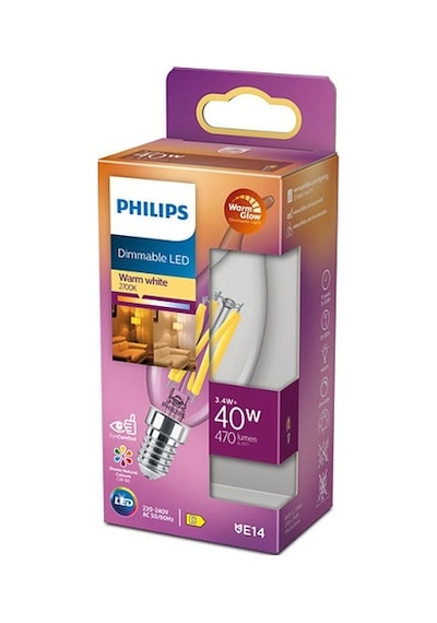 Philips LED Classic Dimlenebilir Şefaf Filament Mum Ampul 3.4W 470 Lum 2700K Sarı Işık BA35 E14 (40W)