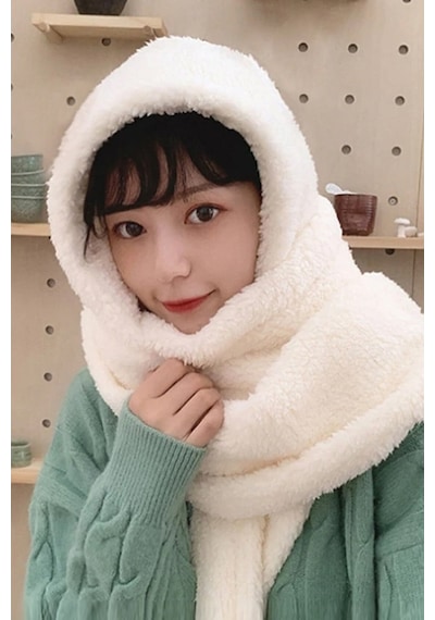 Bundera Scarf Kapşonlu Kadın Peluş Bere Atkı Kadın Welsoft Polar