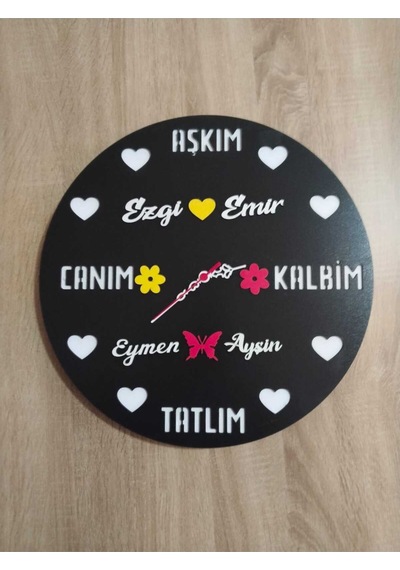 Sevgili-aşk-saadet-mutluluk Kişiye Özel İsim Yazılı Duvar Saati Siyah