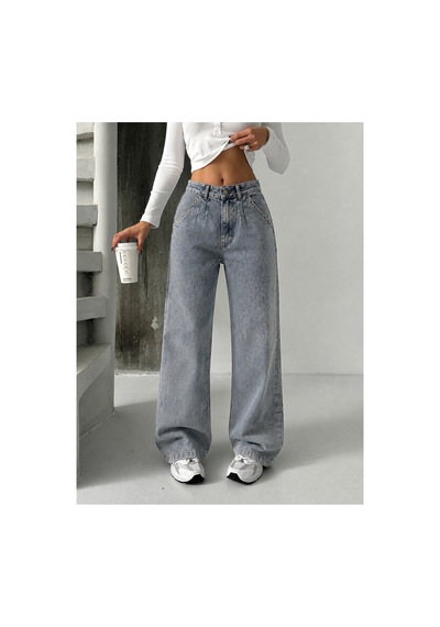 Bluemarlin Tam Kalıp Tintli Yüksek Bel Ön Arka Pensli Bol Paça Baggy Jeans Tintli