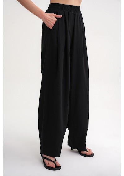 Mixray 4682 Kadın Beli Lastikli Jogger Bol Keten Pantolon Siyah