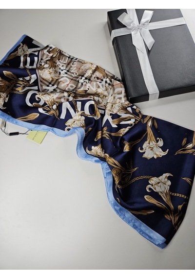 Miorel Scarfs Yeni Sezon Çiçek Desen Ekose Zincir Vual İpek Şal Premium Lacivert