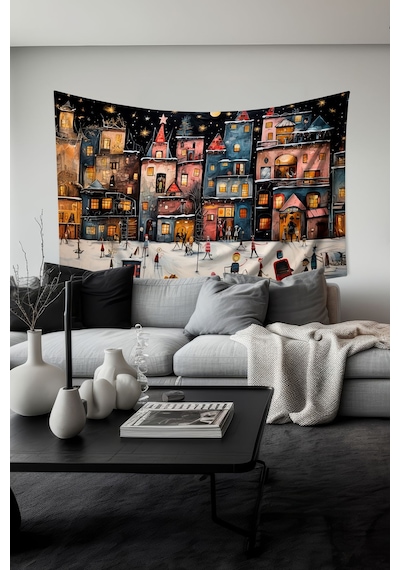 Kış Kasabası Desenli Duvar Halısı Duvar Örtüsü Tapestry Süet Dokulu Kumaş