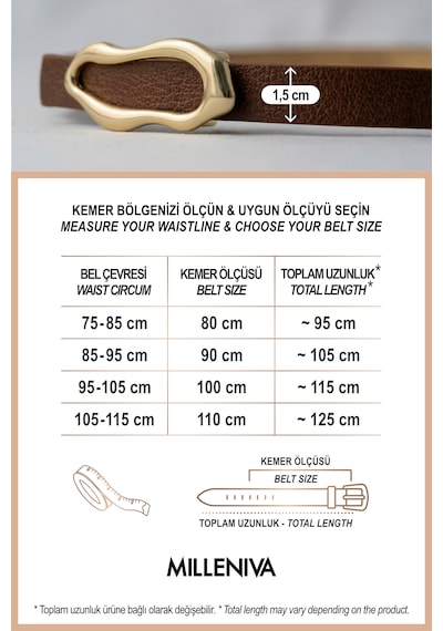Milleniva Soyut Elips Gold Tokalı İnce Kadın Kemer 1.5 Cm Kahverengi