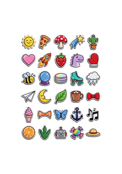 30 Adet Yama Efektli Sevimli Obje Sticker Seti - Laptop Telefon Defter İçin Çok Renkli
