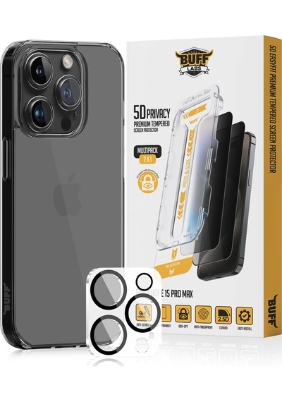 Buff Apple iPhone Uyumlu 15 Pro Max  Paket - Siyah Kılıf + Ekran Koruyucu + Lens Koruyucu - 5d Privacy Hayalet