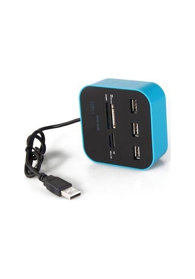 3 Port Usb 2.0 Hub Usb Çoklayıcı Usb Kart Okuyucu Mavi