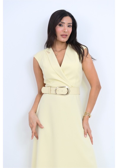 Dorne Moda Kemer Detaylı Midi Elbise - Düğün - Mezuniyet - Ofis Şıklığı Sarı Sarı
