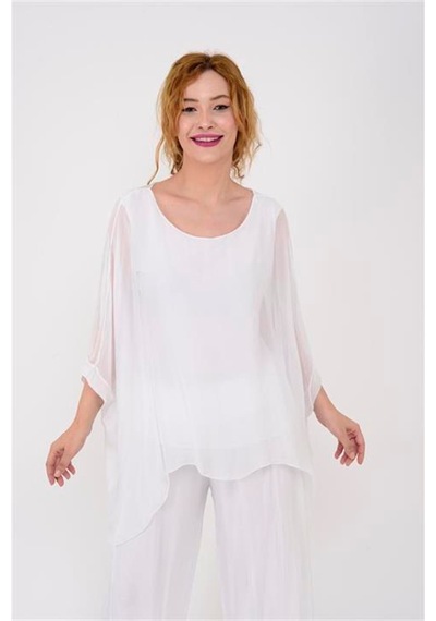 Bohem Stil İtalyan Yarasa Kol İpek Bluz-8869 Beyaz
