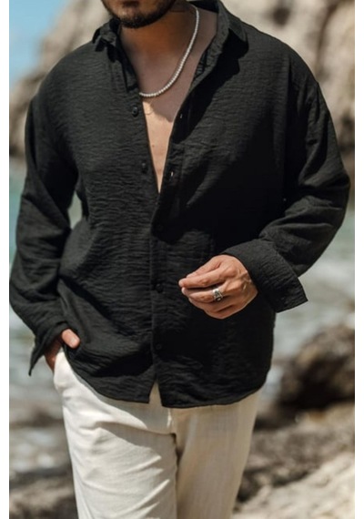 Cool Tarz Erkek Uzun Kollu Gömlek Yaka Keten Oversize Gömlek SİYAH