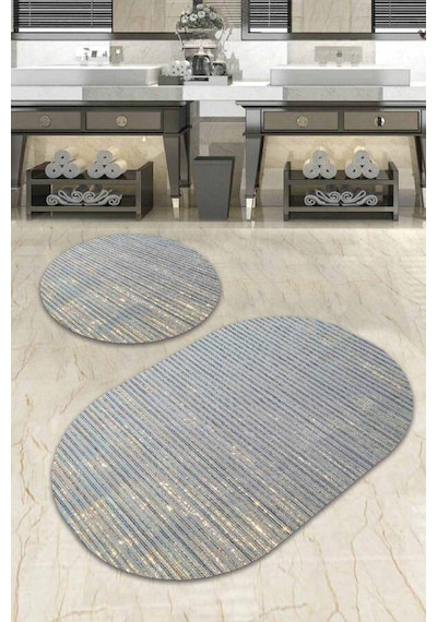 Mavi Çizgi Desen Banyo Halısı Klozet Oval Paspas Seti Bs063n11