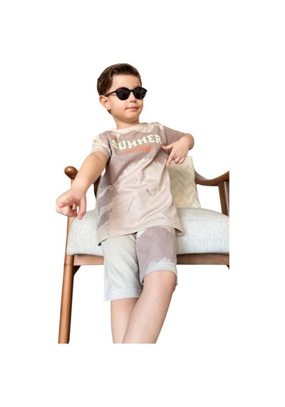 Riccotarz Erkek Çocuk Summer Yazı Baskılı Cep Ve İp Detaylı Bej Şortlu Takım Bej