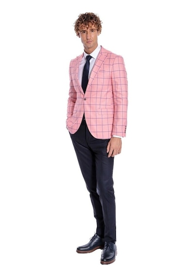 Wessi Mavi Kare Desenli Slim Fit Pembe Erkek Ceket 001