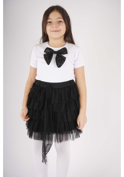 Miniko Kids 23 Nisan 29 Ekim Konsept Fiyonk Detaylı Tül Detaylı Kat Kat Tütü Etekli Takım Siyah