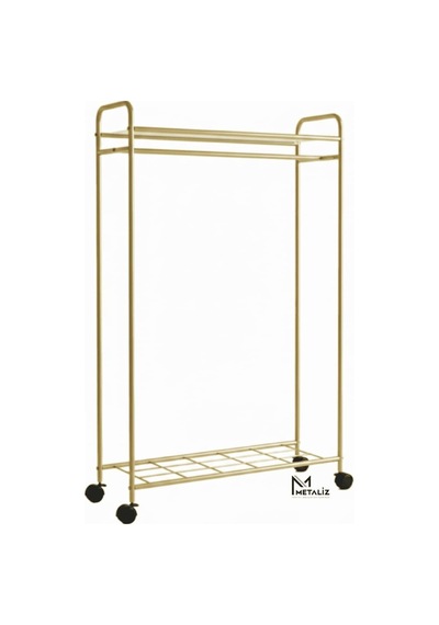 Yıldıznewhomegold Tekerli Modern Metal Elbise Askılığı - Katlı Raflı Portatif Giysi Standı, Gol