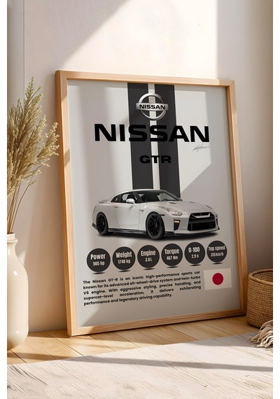 Nissan Gt-r R35 Premium Spor Araba Çerçeveli Tablo - Teknik Özellikli Jdm Otomobil Duvar Dekoru Kayın