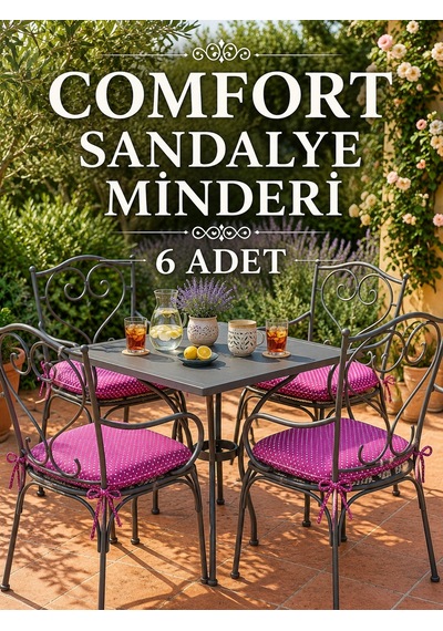 Comfort 6 Adet Sandalye Minderi Bağcıklı Özel Dikişli Süngerli Pamuklu Kumaş Sandalye Minderi Puanlı Fuşya