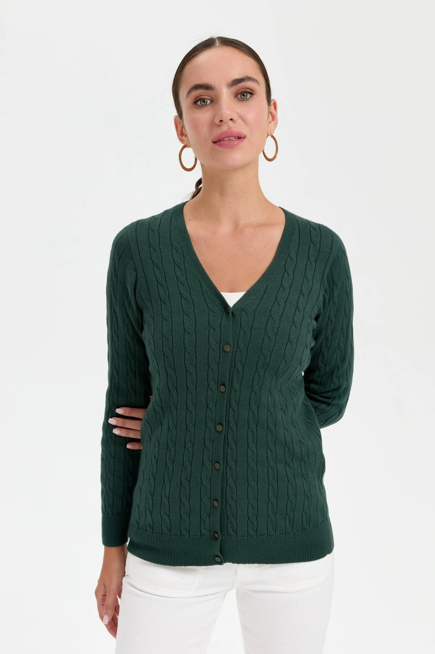 Desen Triko Kadın V Yaka Dikişsiz Saç Örgülü Hırka Yeşil Yeşil