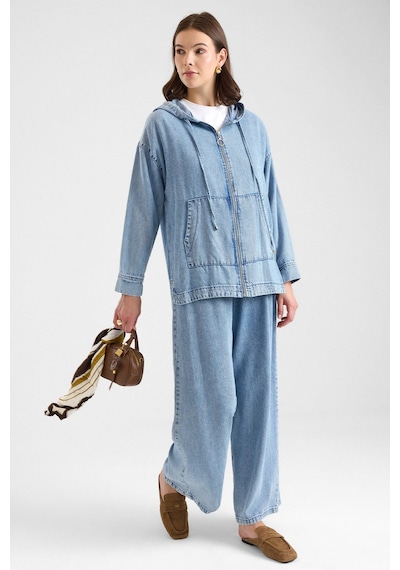Olcay Fermuar Kapamalı Kapüşonlu Soft Denim Ceket Pantolon İkili Takım Açık Mavi 9402-tk