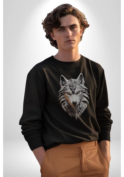Beyaz Kurt Kafası Unisex Siyah Baskılı Sweatshirt Siyah