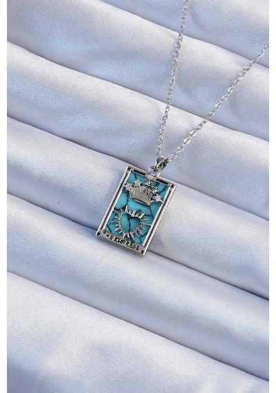 Gümüş Renk Zirkon Taşlı Mavi Mermer Desenli Taç Model Tarot Kolye - Ebj240920w28228 Akuamarin
